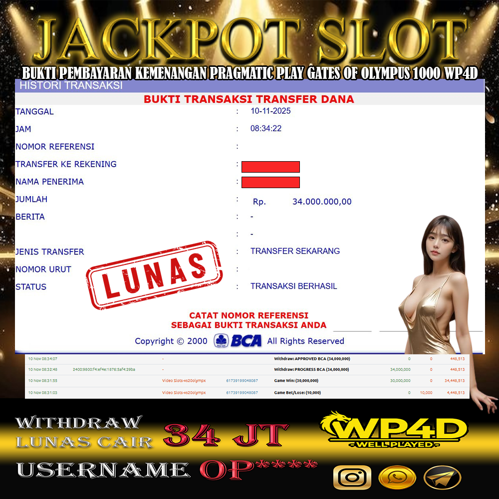 WP4D JACKPOT PRAGMATIC PLAY GATES OF OLYMPUS 1000 Rp.34.000.000,- LUNAS