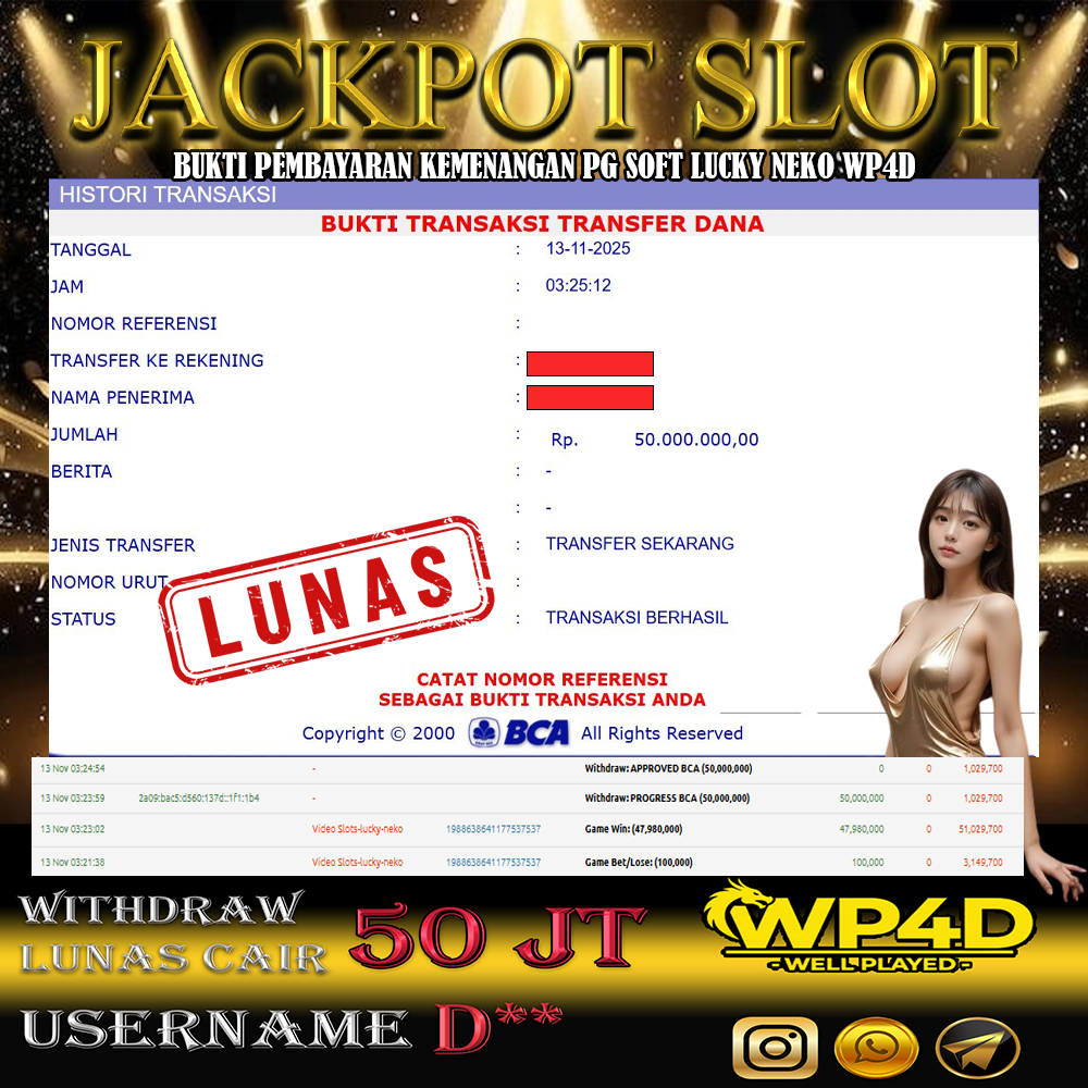 WP4D JACKPOT PG SOFT LUCKY NEKO Rp.50.000.000,- LUNAS