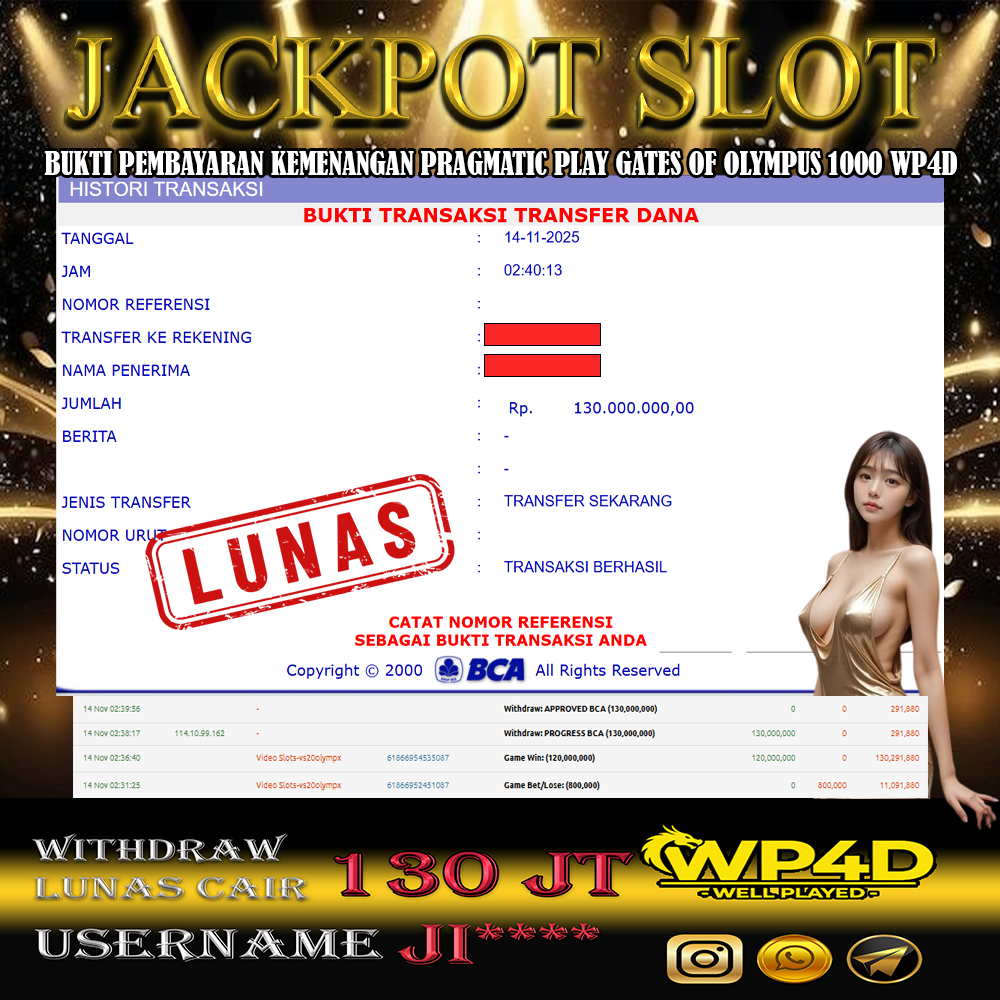 WP4D JACKPOT PRAGMATIC PLAY GATES OF OLYMPUS 1000 Rp.130.000.000,- LUNAS